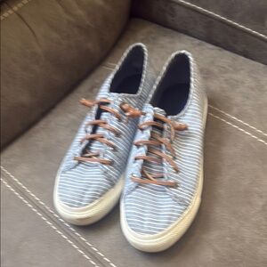 Sperry Blue and White Striped Shoes with Tan Laces
